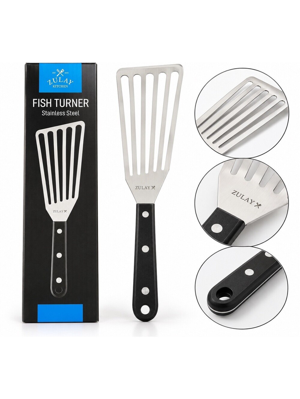 🩶 Zulay Kitchen Stainless Steel Fish Turner Slotted Spatula – Black Handle